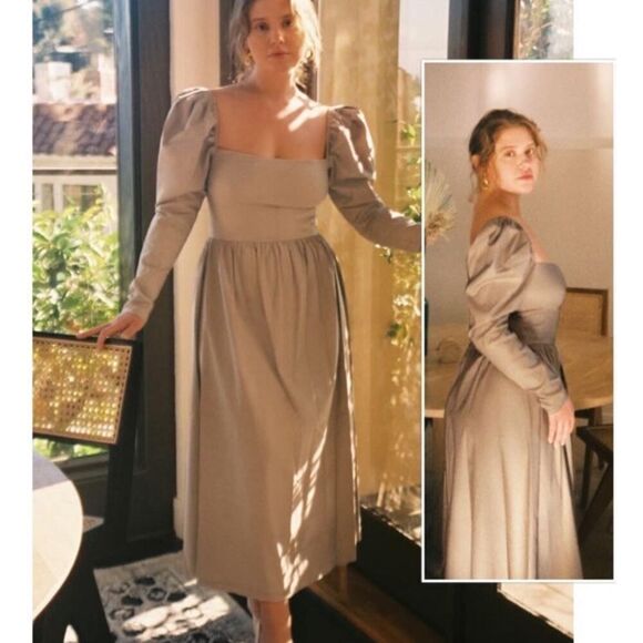 $248 Reformation Luce Dress Khaki Tan Brown Midi Long Sleeve Square Neck 8 - Picture 4 of 14